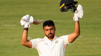 Nagpur, Feb 08 (ANI): Vidarbha's Karun Nair celebrates his century during Day 1 of the Ranji Trophy Quarter-final match against Tamil Nadu, at VCA stadium in Nagpur. (ANI)