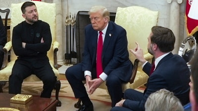 Vice President JD Vance speaks with Ukrainian President Volodymyr Zelenskyy in the presence of President Donald Trump in the Oval Office at the White House. (AP) Vice President JD Vance speaks with Ukrainian President Volodymyr Zelenskyy in the presence of President Donald Trump in the Oval Office at the White House. (AP)