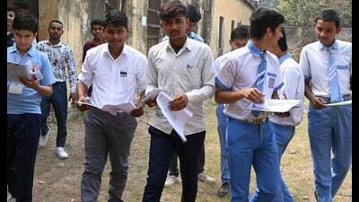 Examinees coming out of an centre at Colonelganj Inter College, Prayagraj after Mathematics exam of High School in first shift on Saturday. (Anil Kumar Maurya/HT Photo)