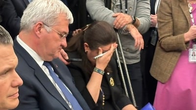 A photo of Ukrainian Ambassador Oksana Markarova capturing her despair during a tense Oval Office meeting has gone viral. (X/ Kaitlan Collins) A photo of Ukrainian Ambassador Oksana Markarova capturing her despair during a tense Oval Office meeting has gone viral. (X/ Kaitlan Collins)