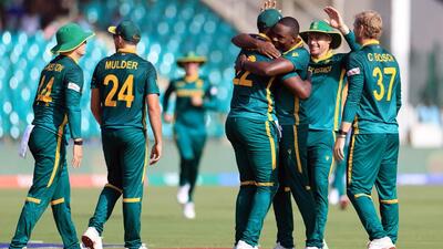 South Africa's Kagiso Rabada celebrates the wicket of England's Jamie Overton during their Champions Trophy match. (REUTERS) South Africa's Kagiso Rabada celebrates the wicket of England's Jamie Overton during their Champions Trophy match. (REUTERS)