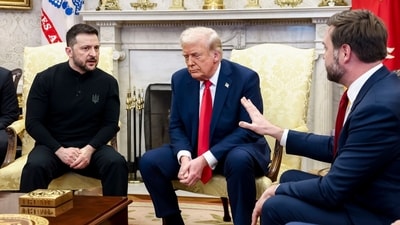 Volodymyr Zelensky, Ukraine's president, US President Donald Trump, and Vice President JD Vance during a meeting in the Oval Office of the White House in Washington, US, on Friday, (Bloomberg) Volodymyr Zelensky, Ukraine's president, US President Donald Trump, and Vice President JD Vance during a meeting in the Oval Office of the White House in Washington, US, on Friday, (Bloomberg)