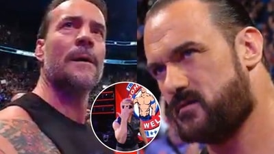 Drew McIntyre and CM Punk react to Logan Paul walking out to John Cena's signature music on February 28. (X ) Drew McIntyre and CM Punk react to Logan Paul walking out to John Cena's signature music on February 28. (X )