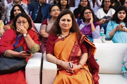 KNC principal, Prof Pavitra Bhardwaj was spotted immersing in the vibrant atmosphere alongside the students. (Photo: Raajessh Kashyap/HT)