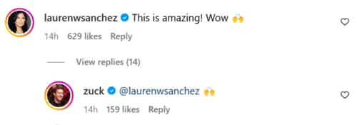 Online interaction between Lauren Sanchez and Mark Zuckerberg. (Instagram/@zuck) Online interaction between Lauren Sanchez and Mark Zuckerberg. (Instagram/@zuck)