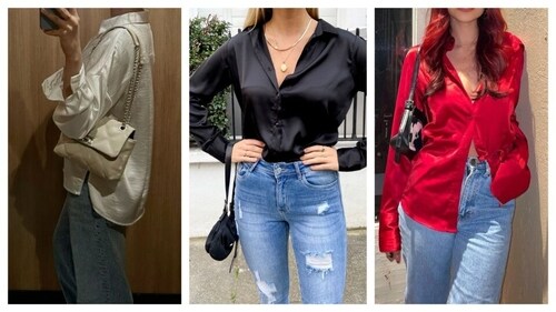 Satin blouses have a premium texture and when they are paired with jeans, the combo epitomises everyday luxe casualwear. (Representational pics: Pinterest) Satin blouses have a premium texture and when they are paired with jeans, the combo epitomises everyday luxe casualwear. (Representational pics: Pinterest)