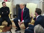 Vice President JD Vance, right, speaks with Ukrainian President Volodymyr Zelenskyy, left, as President Donald Trump listens in the Oval Office at the White House, Friday,