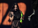 Charli XCX accepts the artist of the year award during the Brit Awards 2025 in London on Saturday.