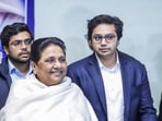 FILE: Bahujan Samaj Party (BSP) supremo Mayawati during a party meeting, in Lucknow in January with Akash Anand.
