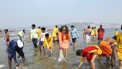 Parmarth Niketan Ashram President Swami Chidanand Saraswati and several devotees also volunteered to help clean the river Ganga, where pilgrims took a holy dip as a part of the festival (Princess Ilvita/ANI) Parmarth Niketan Ashram President Swami Chidanand Saraswati and several devotees also volunteered to help clean the river Ganga, where pilgrims took a holy dip as a part of the festival (Princess Ilvita/ANI)