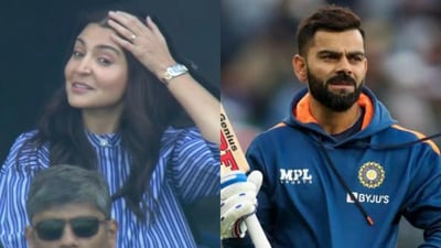 Anushka Sharma reacts to Virat Kohli's early dismissal.