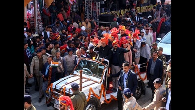 Deputy chief minister Mukesh Agnihotri participating in a procession during the seven-day international Shivratri fair in Mandi on Sunday. (Birbal Sharma/HT) Deputy chief minister Mukesh Agnihotri participating in a procession during the seven-day international Shivratri fair in Mandi on Sunday. (Birbal Sharma/HT)