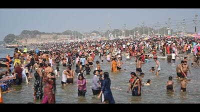 Devotees continue to gather at the Sangam to take dip even after the official conclusion of the 45-day Mahakumbh (HT Photo) Devotees continue to gather at the Sangam to take dip even after the official conclusion of the 45-day Mahakumbh (HT Photo)