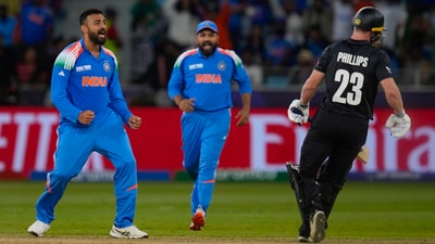 Varun Chakravarthy grabbed the opportunity he got with both hands and then some as his five-wicket haul powered India to a 44-run victory over New Zealand in their final group-stage match of the 2025 Champions Trophy. (AP) Varun Chakravarthy grabbed the opportunity he got with both hands and then some as his five-wicket haul powered India to a 44-run victory over New Zealand in their final group-stage match of the 2025 Champions Trophy. (AP)
