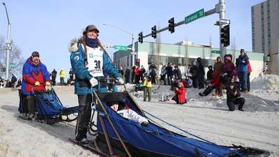 Charmayne Morrison (30), of Bozeman, Mont., turns the corner onto Cordova Street during the Ceremonial Start of the Iditarod Trail Sled Dog Race in Anchorage, Alaska. (AP) Charmayne Morrison (30), of Bozeman, Mont., turns the corner onto Cordova Street during the Ceremonial Start of the Iditarod Trail Sled Dog Race in Anchorage, Alaska. (AP)