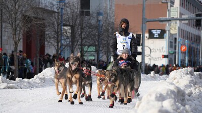 Race veteran Nicolas Petit participates in the ceremonial start of the 53rd Iditarod Trail Sled Dog Race in Anchorage, Alaska, U.S. March 1, 2025. (REUTERS)