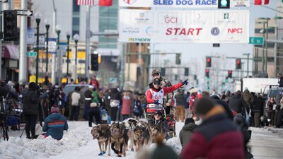 Race veteran Jason Mackey participates in the ceremonial start of the 53rd Iditarod Trail Sled Dog Race in Anchorage, Alaska, U.S. March 1, 2025. (REUTERS)