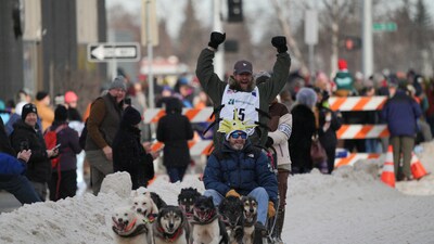 Race veteran Jessie Holmes participates in the ceremonial start of the 53rd Iditarod Trail Sled Dog Race in Anchorage, Alaska, US March 1, 2025. (REUTERS)