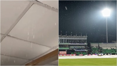 Ceiling leaks at Gaddafi Stadium (X/AP) Ceiling leaks at Gaddafi Stadium (X/AP)