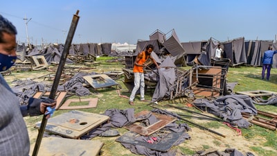 Workers also dismantled several structures built for the convenience of pilgrims staying in the Maha Kumbh area within the city (PTI) Workers also dismantled several structures built for the convenience of pilgrims staying in the Maha Kumbh area within the city (PTI)