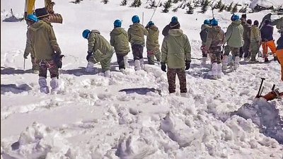 Rescue operation underway after an avalanche hit the Border Roads Organisation (BRO) camp between Mana and Badrinath on Friday, in Chamoli district in Uttarakhand. (PTI) Rescue operation underway after an avalanche hit the Border Roads Organisation (BRO) camp between Mana and Badrinath on Friday, in Chamoli district in Uttarakhand. (PTI)
