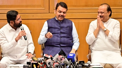CM Devendra Fadnavis along with deputy CM Eknath Shinde and deputy CM Ajit Pawar during a press conference. (Photo by Anshuman Poyrekar/ Hindustan Times)
