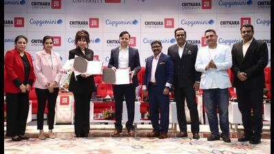 The dignitaries at the launch of Code Experience Centre (CEC) at Chitkara University in Punjab on Friday. (HT Photo)