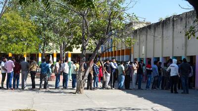 Voters in a queue in a school in Nathupur village on Sunday. (Parveen Kumar/HT Photo) Voters in a queue in a school in Nathupur village on Sunday. (Parveen Kumar/HT Photo)