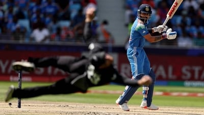 India batted first and were off to a shaky start. Rohit Sharma and Shubman Gill fell early after which Virat Kohli was dismissed thanks to a stunner of a catch by Glenn Phillips (Getty Images) India batted first and were off to a shaky start. Rohit Sharma and Shubman Gill fell early after which Virat Kohli was dismissed thanks to a stunner of a catch by Glenn Phillips (Getty Images)