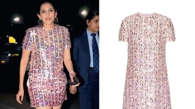 Shloka Ambani was dressed in Valentino's pink sequin-embellished mini dress on a recent outing. (Instagram/ Yogen Shah and Bollywood Celebrity Style) Shloka Ambani was dressed in Valentino's pink sequin-embellished mini dress on a recent outing. (Instagram/ Yogen Shah and Bollywood Celebrity Style)