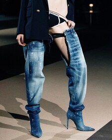 Denim thigh high heels at the Dsquared2 show