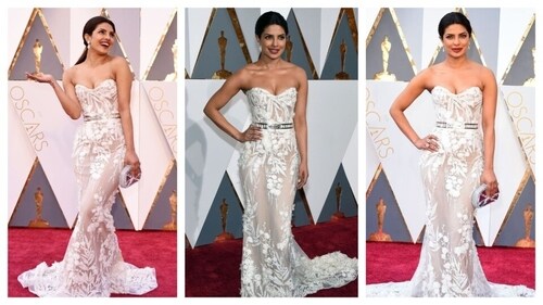 Priyanka's gown had a fashionable interplay between sheer and lace fabric. (PC: Pinterest) Priyanka's gown had a fashionable interplay between sheer and lace fabric. (PC: Pinterest)