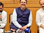 Maharashtra CM Devendra Fadnavis, along with deputies Eknath Shinde and Dy CM AJit Pawar during press conference after tea session before budget assembly session at Sahyadri Guest House in Mumbai, India, on Sunday, 