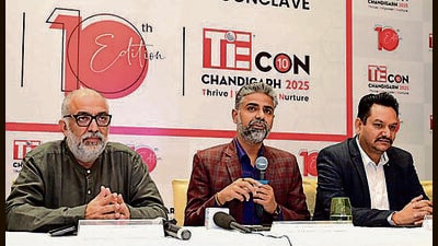 (From left) TiE Chandigarh general secretary Brahm Alreja, president Satish Kumar Arora and vice-president Puneet Verma at a press conference in Chandigarh on Monday. (Keshav Singh/HT) (From left) TiE Chandigarh general secretary Brahm Alreja, president Satish Kumar Arora and vice-president Puneet Verma at a press conference in Chandigarh on Monday. (Keshav Singh/HT)