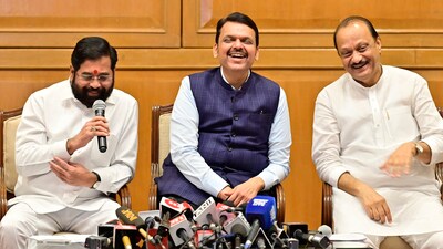 Maharashtra CM Devendra Fadnavis, along with deputies Eknath Shinde and Dy CM AJit Pawar during press conference after tea session before budget assembly session at Sahyadri Guest House in Mumbai, India, on Sunday, (Anshuman Poyrekar/ Hindustan Times)