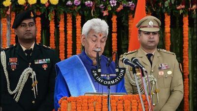 Lieutenant governor Manoj Sinha addressing the opening session of the Jammu and Kashmir’s assembly in Jammu on Monday. (Waseem Andrabi/HT) Lieutenant governor Manoj Sinha addressing the opening session of the Jammu and Kashmir’s assembly in Jammu on Monday. (Waseem Andrabi/HT)