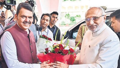Maharashtra Governor C P Radhakrishnan (right) arrives for the budget assembly session. (Hindustan Times)