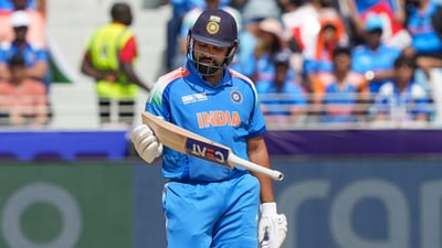 Indian skipper Rohit Sharma reacts during the ICC Champions Trophy match between India and New Zealand, at Dubai International Cricket Stadium, in Dubai. (PTI) Indian skipper Rohit Sharma reacts during the ICC Champions Trophy match between India and New Zealand, at Dubai International Cricket Stadium, in Dubai. (PTI)