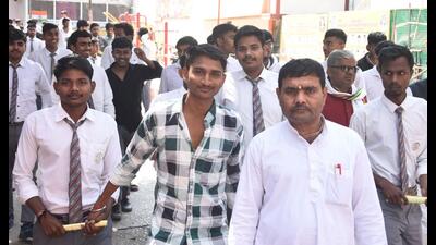 UP Board students coming out of an exam centre at Jwala Devi Inter College in Prayagraj on March 3. (HT photo)