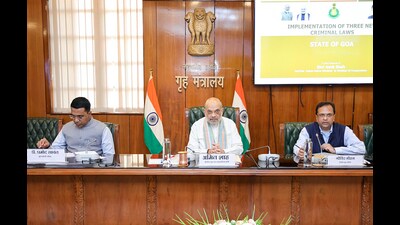 Union home minister Amit Shah chairs a review meeting on the implementation of the three criminal laws with Goa chief minister Pramod Sawant in New Delhi on Monday. (ANI Photo) Union home minister Amit Shah chairs a review meeting on the implementation of the three criminal laws with Goa chief minister Pramod Sawant in New Delhi on Monday. (ANI Photo)