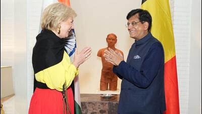 Union minister Piyush Goyal with Princess Astrid of Belgium. (Photo from X) Union minister Piyush Goyal with Princess Astrid of Belgium. (Photo from X)