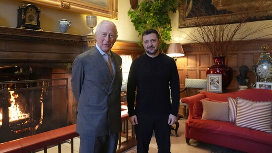 King Charles III and Ukrainian President Volodymyr Zelenskyy pose for a picture during their meeting at the Sandringham Estate in Norfolk, England, on March 2, 2025. ((Joe Giddens/Pool via AP))