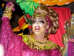 Royal Bianca Del Rio, a native of New Orleans and the winner of the sixth season of the well-known reality/competition television program "RuPaul's Drag Race," controls the riders on numerous floats. (Scott Threlkeld/The Times-Picayune/The New Orleans Advocate via AP)