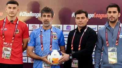 East Bengal FC captain, Saul Crespo and head coach Oscar Bruzon with FK Arkadag captain Altymyrat Annadurdyyew and head coach Dovletmyrat Annayev on the eve of their AFC Challenge League quarter-final in Kolkata. (ANI) East Bengal FC captain, Saul Crespo and head coach Oscar Bruzon with FK Arkadag captain Altymyrat Annadurdyyew and head coach Dovletmyrat Annayev on the eve of their AFC Challenge League quarter-final in Kolkata. (ANI)