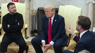 Vice President JD Vance, right, speaks with Ukrainian President Volodymyr Zelenskyy, left, as President Donald Trump listens in the Oval Office at the White House, Friday, Feb. 28, 2025, in Washington. (AP) Vice President JD Vance, right, speaks with Ukrainian President Volodymyr Zelenskyy, left, as President Donald Trump listens in the Oval Office at the White House, Friday, Feb. 28, 2025, in Washington. (AP)