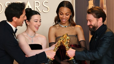 Mikey Madison, winner of the Oscar for Best Actress for Anora, Adrien Brody, winner of the Oscar for Best Actor for The Brutalist,  Zoe Saldana, winner of the Oscar for Best Supporting Actress for Emilia Perez, and Kieran Culkin, winner of the Oscar for Best Supporting Actor for A Real Pain, pose in the Oscars photo room at the 97th Academy Awards in Hollywood, Los Angeles, California, U.S., March 2, 2025. REUTERS/Daniel Cole (REUTERS)
