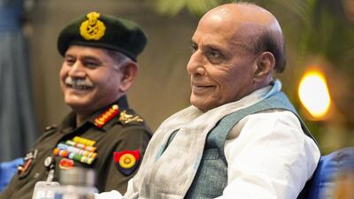 Defence minister Rajnath Singh with Chief of Army Staff General Upendra Dwivedi during DRDO-MHA collaboration conference in New Delhi on Tuesday. (PTI)