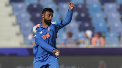 India's Varun Chakravarthy during the Champions Trophy semi-final against Australia in Dubai. (AP) India's Varun Chakravarthy during the Champions Trophy semi-final against Australia in Dubai. (AP)