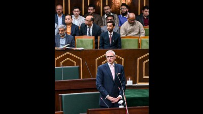 Jammu and Kashmir Chief Minister Omar Abdullah speaks during the Budget session of J&K Assembly, in Jammu, on Tuesday. (PTI) Jammu and Kashmir Chief Minister Omar Abdullah speaks during the Budget session of J&K Assembly, in Jammu, on Tuesday. (PTI)