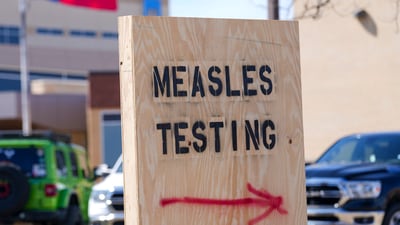 A sign is seen outside of Seminole Hospital District offering measles testing Friday, Feb. 21, 2025, in Seminole, Texas. (AP Photo/Julio Cortez) (AP) A sign is seen outside of Seminole Hospital District offering measles testing Friday, Feb. 21, 2025, in Seminole, Texas. (AP Photo/Julio Cortez) (AP)